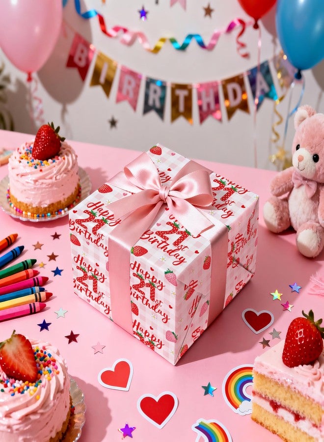 LeZakaa Happy 21st Birthday Wrapping Paper Roll, Strawberry & Pink Gingham Gift Wrap for Woman’s Twenty-First Age21 Birthday Party, Gifts & Celebrations, Mini Roll 17 in x 16.4 Ft - Image 3